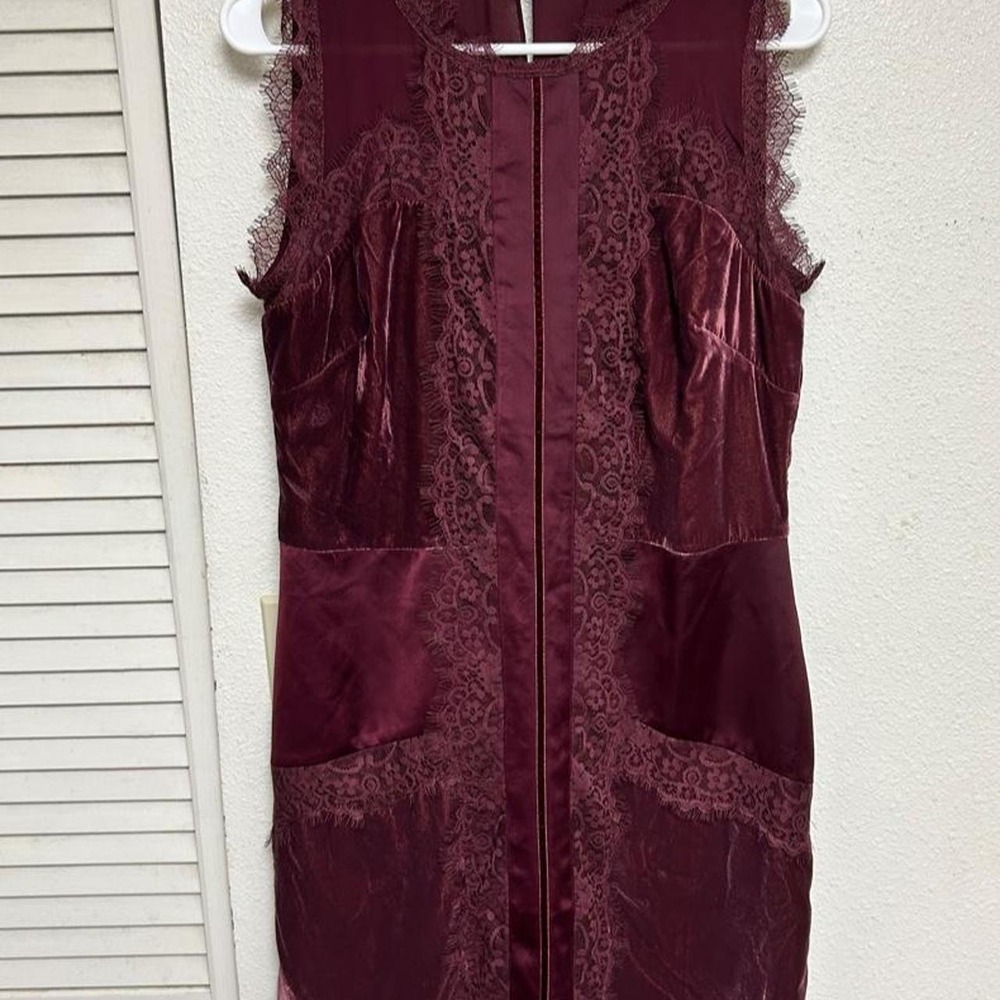 Dark romantic burgundy/purple velvet and satin dress with lace trim, size 8